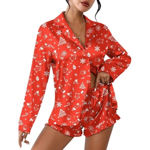 image:imageEkouaer Womens Satin Pajama Sets Long Sleeve Top and Shorts Lounge Set Button Down SleepwearChristmas Red