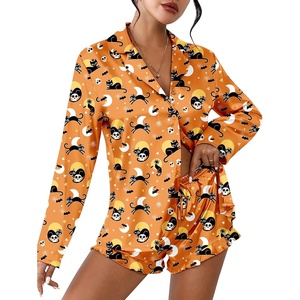 image:imageEkouaer Womens Satin Pajama Sets Long Sleeve Top and Shorts Lounge Set Button Down SleepwearHalloween