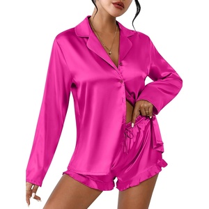 image:imageEkouaer Womens Satin Pajama Sets Long Sleeve Top and Shorts Lounge Set Button Down SleepwearHot Pink