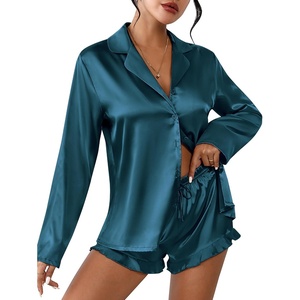 image:imageEkouaer Womens Satin Pajama Sets Long Sleeve Top and Shorts Lounge Set Button Down SleepwearLake Blue