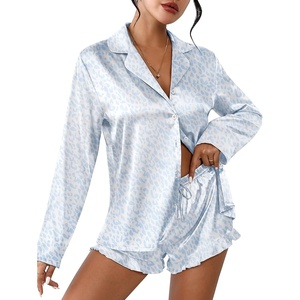 image:imageEkouaer Womens Satin Pajama Sets Long Sleeve Top and Shorts Lounge Set Button Down SleepwearLeopard Blue