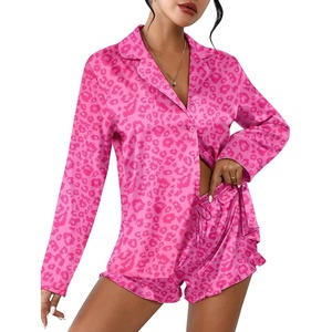 image:imageEkouaer Womens Satin Pajama Sets Long Sleeve Top and Shorts Lounge Set Button Down SleepwearLeopard Hot Pink
