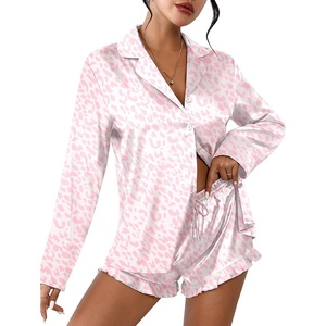image:imageEkouaer Womens Satin Pajama Sets Long Sleeve Top and Shorts Lounge Set Button Down SleepwearLeopard Pink
