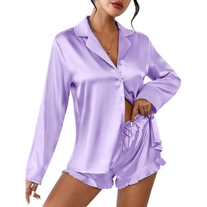 image:imageEkouaer Womens Satin Pajama Sets Long Sleeve Top and Shorts Lounge Set Button Down SleepwearLilac