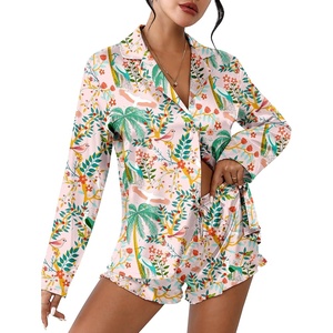 image:imageEkouaer Womens Satin Pajama Sets Long Sleeve Top and Shorts Lounge Set Button Down SleepwearPink Forest