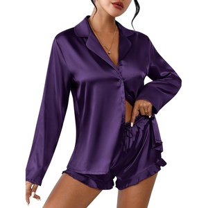 image:imageEkouaer Womens Satin Pajama Sets Long Sleeve Top and Shorts Lounge Set Button Down SleepwearPurple