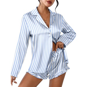 image:imageEkouaer Womens Satin Pajama Sets Long Sleeve Top and Shorts Lounge Set Button Down SleepwearStriped Blue