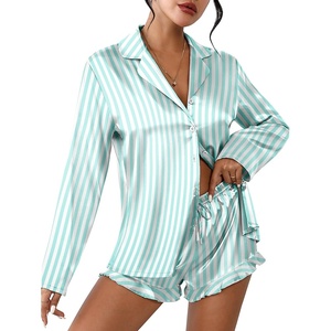image:imageEkouaer Womens Satin Pajama Sets Long Sleeve Top and Shorts Lounge Set Button Down SleepwearStriped Green