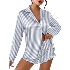 image:imageEkouaer Womens Satin Pajama Sets Long Sleeve Top and Shorts Lounge Set Button Down SleepwearStriped Grey Blue