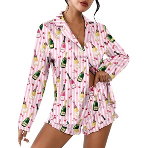 image:imageEkouaer Womens Satin Pajama Sets Long Sleeve Top and Shorts Lounge Set Button Down SleepwearStriped Wine Bottle