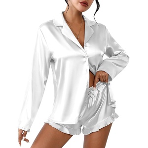 image:imageEkouaer Womens Satin Pajama Sets Long Sleeve Top and Shorts Lounge Set Button Down SleepwearWhite
