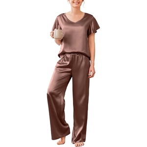 image:imageEkouaer Womens Satin Silky Pajama Set 2 Piece Short Sleeve Shirt with Long Pants Pjs Sets Soft PJ Loungewear SXXLBrown