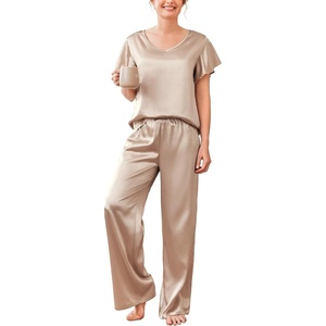 image:imageEkouaer Womens Satin Silky Pajama Set 2 Piece Short Sleeve Shirt with Long Pants Pjs Sets Soft PJ Loungewear SXXLChampagne