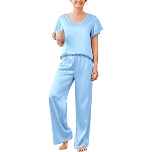 image:imageEkouaer Womens Satin Silky Pajama Set 2 Piece Short Sleeve Shirt with Long Pants Pjs Sets Soft PJ Loungewear SXXLClear Blue