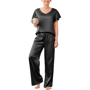 image:imageEkouaer Womens Satin Silky Pajama Set 2 Piece Short Sleeve Shirt with Long Pants Pjs Sets Soft PJ Loungewear SXXLDeep Black