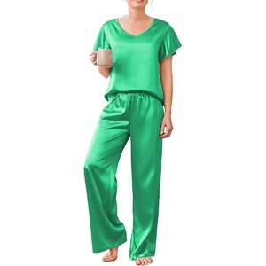 image:imageEkouaer Womens Satin Silky Pajama Set 2 Piece Short Sleeve Shirt with Long Pants Pjs Sets Soft PJ Loungewear SXXLGreen