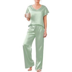 image:imageEkouaer Womens Satin Silky Pajama Set 2 Piece Short Sleeve Shirt with Long Pants Pjs Sets Soft PJ Loungewear SXXLLight Green