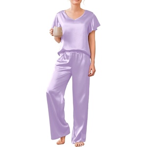 image:imageEkouaer Womens Satin Silky Pajama Set 2 Piece Short Sleeve Shirt with Long Pants Pjs Sets Soft PJ Loungewear SXXLLilac