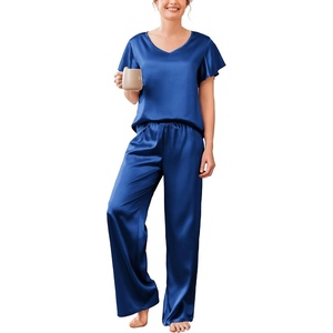 image:imageEkouaer Womens Satin Silky Pajama Set 2 Piece Short Sleeve Shirt with Long Pants Pjs Sets Soft PJ Loungewear SXXLNavy Blue