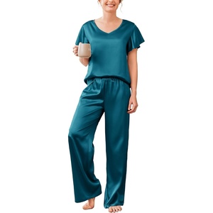 image:imageEkouaer Womens Satin Silky Pajama Set 2 Piece Short Sleeve Shirt with Long Pants Pjs Sets Soft PJ Loungewear SXXLPeacock Blue