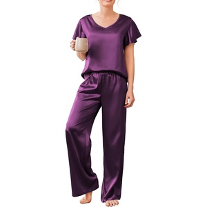 image:imageEkouaer Womens Satin Silky Pajama Set 2 Piece Short Sleeve Shirt with Long Pants Pjs Sets Soft PJ Loungewear SXXLPurple
