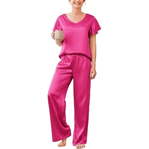 image:imageEkouaer Womens Satin Silky Pajama Set 2 Piece Short Sleeve Shirt with Long Pants Pjs Sets Soft PJ Loungewear SXXLRose Red