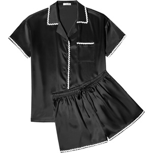 image:imageEkouaer Womens Silk Pajama Sets 2 Piece Satin Pj Set Button Down Shirt and Shorts Lounge Sets Classic with PocketsBlack