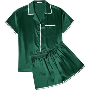image:imageEkouaer Womens Silk Pajama Sets 2 Piece Satin Pj Set Button Down Shirt and Shorts Lounge Sets Classic with PocketsGreen