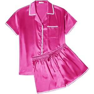 image:imageEkouaer Womens Silk Pajama Sets 2 Piece Satin Pj Set Button Down Shirt and Shorts Lounge Sets Classic with PocketsHot Pink
