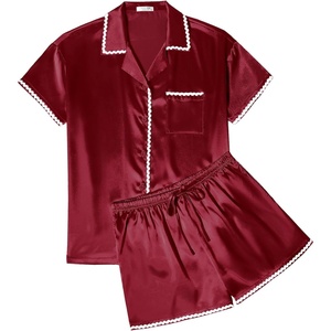 image:imageEkouaer Womens Silk Pajama Sets 2 Piece Satin Pj Set Button Down Shirt and Shorts Lounge Sets Classic with PocketsRed