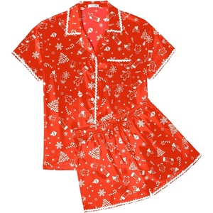 image:imageEkouaer Womens Silk Pajama Sets 2 Piece Satin Pj Set Button Down Shirt and Shorts Lounge Sets Classic with PocketsRed Christmas Trees