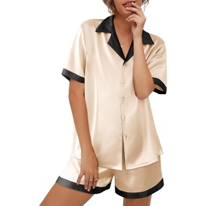 image:imageEkouaer Womens Silk Satin Pajama Set Short Sleeve PJs 2 Piece Button Down Top and Shorts Notch Collar Sleepwear Sets Soft PjsBbeige
