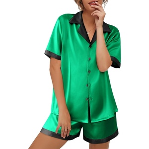 image:imageEkouaer Womens Silk Satin Pajama Set Short Sleeve PJs 2 Piece Button Down Top and Shorts Notch Collar Sleepwear Sets Soft PjsBgreen