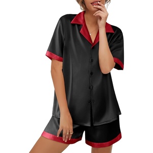 image:imageEkouaer Womens Silk Satin Pajama Set Short Sleeve PJs 2 Piece Button Down Top and Shorts Notch Collar Sleepwear Sets Soft PjsBlack With Red