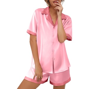 image:imageEkouaer Womens Silk Satin Pajama Set Short Sleeve PJs 2 Piece Button Down Top and Shorts Notch Collar Sleepwear Sets Soft PjsBpink