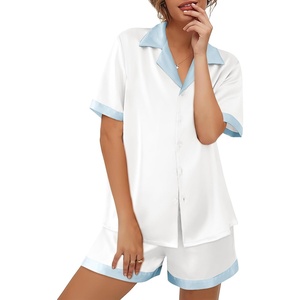 image:imageEkouaer Womens Silk Satin Pajama Set Short Sleeve PJs 2 Piece Button Down Top and Shorts Notch Collar Sleepwear Sets Soft PjsBwhite