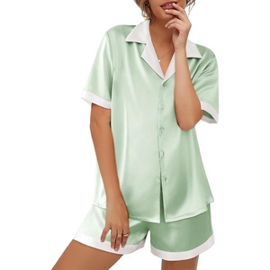 image:imageEkouaer Womens Silk Satin Pajama Set Short Sleeve PJs 2 Piece Button Down Top and Shorts Notch Collar Sleepwear Sets Soft PjsLight Green