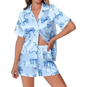 image:imageEkouaer Womens Silk Satin Pajamas Set Animals Print Pjs Button Down Short Sleeve Lounge Set 2 Piece SleepwearBlue Bowknot
