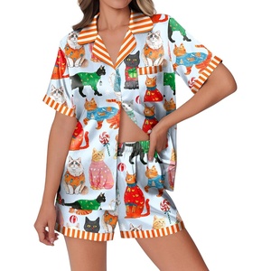 image:imageEkouaer Womens Silk Satin Pajamas Set Animals Print Pjs Button Down Short Sleeve Lounge Set 2 Piece SleepwearBlue Cat