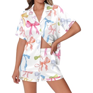 image:imageEkouaer Womens Silk Satin Pajamas Set Animals Print Pjs Button Down Short Sleeve Lounge Set 2 Piece SleepwearBowknot