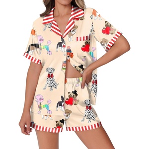 image:imageEkouaer Womens Silk Satin Pajamas Set Animals Print Pjs Button Down Short Sleeve Lounge Set 2 Piece SleepwearColored Puppy