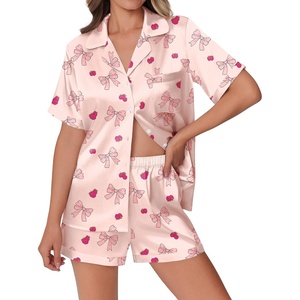 image:imageEkouaer Womens Silk Satin Pajamas Set Animals Print Pjs Button Down Short Sleeve Lounge Set 2 Piece SleepwearCute Bowknot