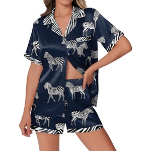 image:imageEkouaer Womens Silk Satin Pajamas Set Animals Print Pjs Button Down Short Sleeve Lounge Set 2 Piece SleepwearNavy Blue Zebra