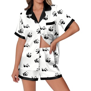 image:imageEkouaer Womens Silk Satin Pajamas Set Animals Print Pjs Button Down Short Sleeve Lounge Set 2 Piece SleepwearPanda