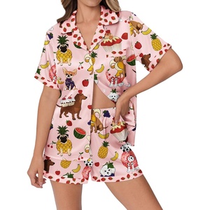 image:imageEkouaer Womens Silk Satin Pajamas Set Animals Print Pjs Button Down Short Sleeve Lounge Set 2 Piece SleepwearPink Puppy