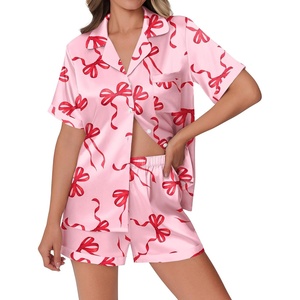 image:imageEkouaer Womens Silk Satin Pajamas Set Animals Print Pjs Button Down Short Sleeve Lounge Set 2 Piece SleepwearRed Bowknot