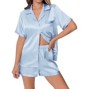 image:imageEkouaer Womens Silk Satin Pajamas Set Animals Print Pjs Button Down Short Sleeve Lounge Set 2 Piece SleepwearStriped Blue