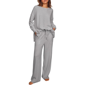 image:imageEkouaer Womens Tracksuits 2 Piece Long Sleeve Outfits Micro Fleece Sweatsuit Sets Wide Leg SweatpantsLight Grey