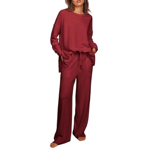 image:imageEkouaer Womens Tracksuits 2 Piece Long Sleeve Outfits Micro Fleece Sweatsuit Sets Wide Leg SweatpantsWine Red
