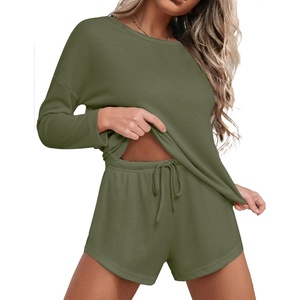 image:imageEkouaer Womens Waffle Knit Pajama Sets Long Sleeve Top and Shorts Matching Lounge Set Loungewear Sweatsuit with PocketsArmy Green